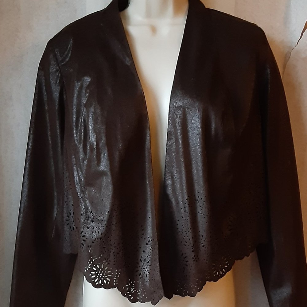 INC cropped women's Jacket with laser-cut details, Rich dark chocolate Petite SM